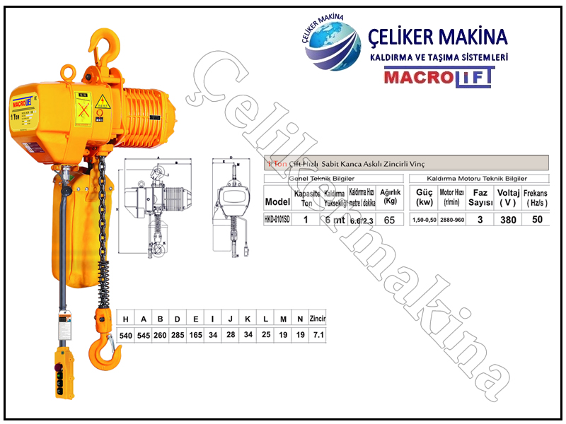 1 Ton Çift Hızlı Zincirli Vinç Teknik Özellikleri