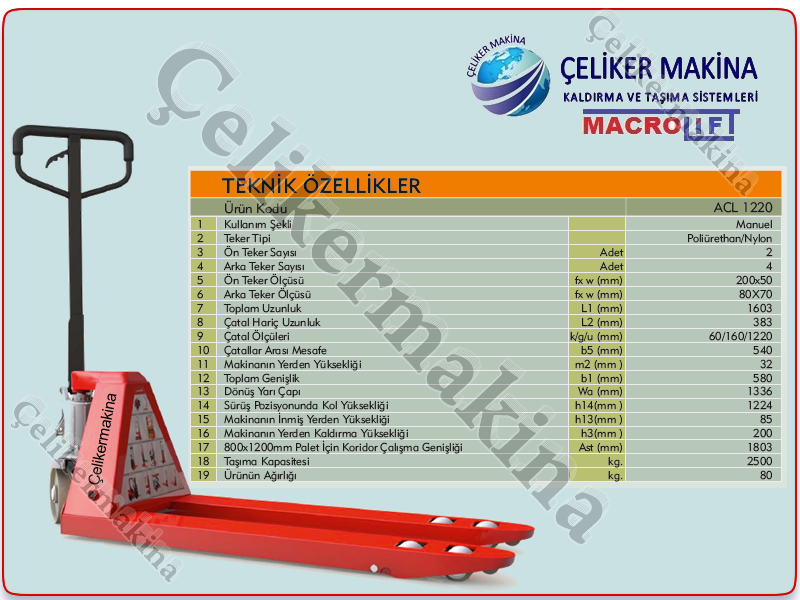 2,5 Ton Uzun Manuel Transpalet Teknik Özellikleri