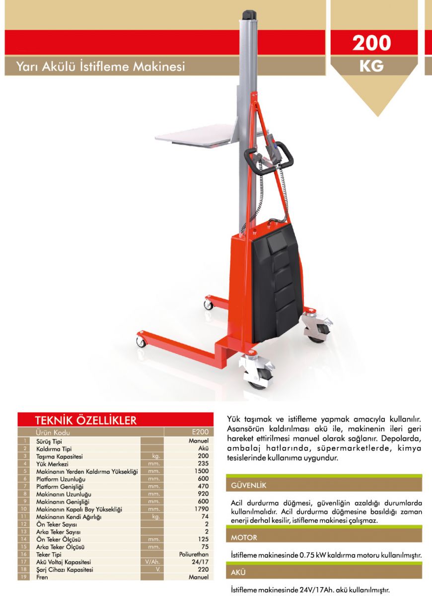 200 kg Mini Yarı Akülü İstif Makinesi Teknik Özellikleri