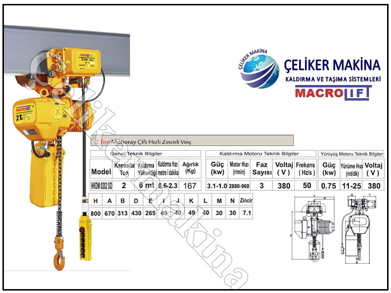 2 Ton Çift Hızlı Monoray Vinç Teknik Özellikleri