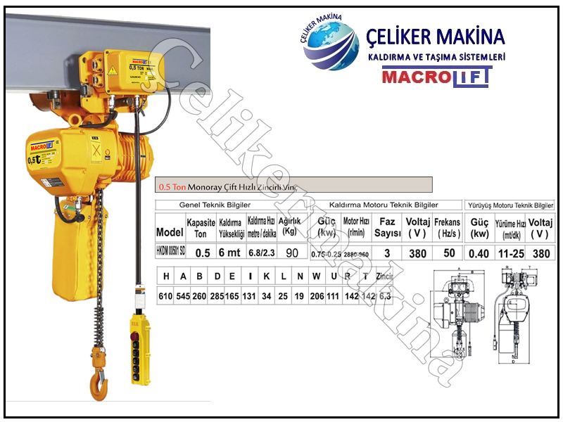 500 kg Çift Hızlı Monoray Zincirli Vinç Teknik Özellikleri
