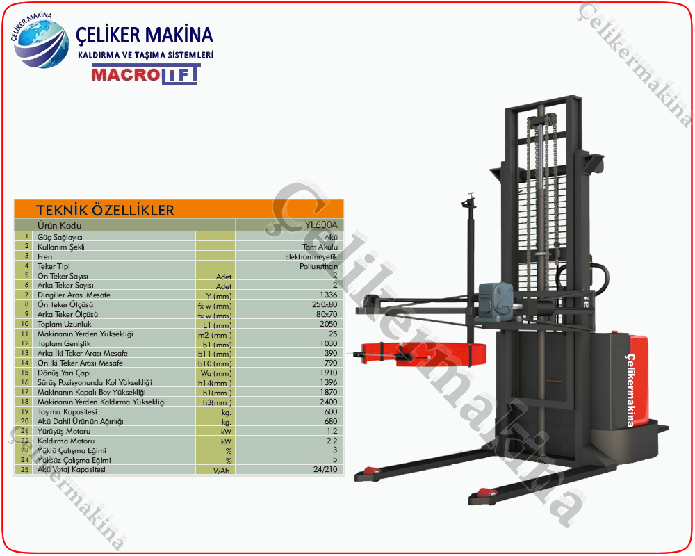 600 kg Tam Akülü Varil Taşıma Arabası Teknik Özellikleri