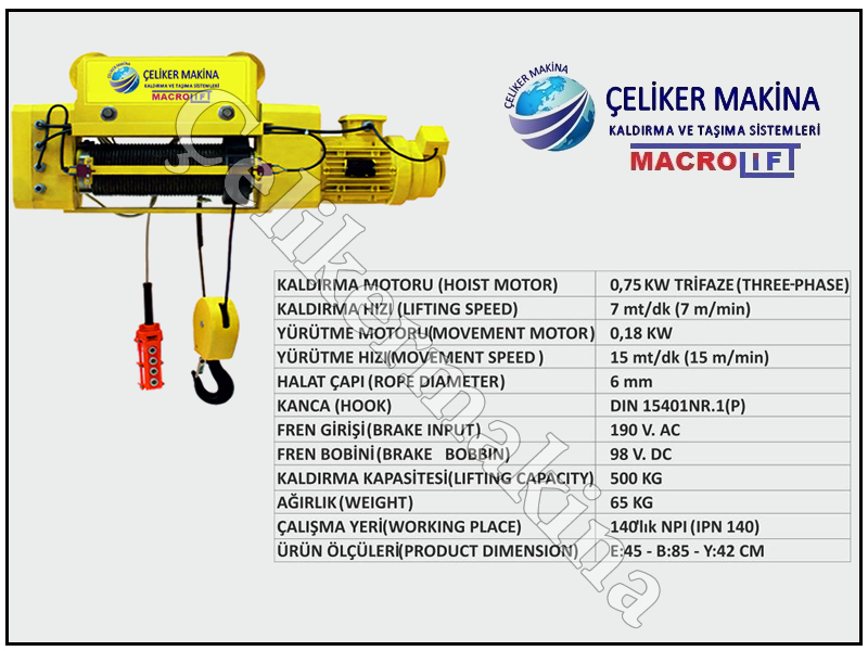 500 kg Monoray Halatlı vinç Teknik Özellikleri