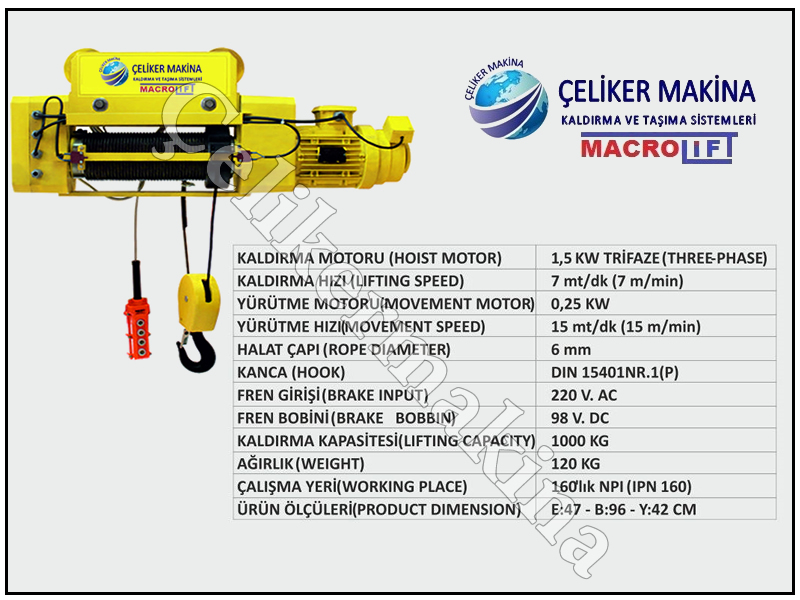 1 Ton Monoray Halatlı vinç Teknik Özellikleri