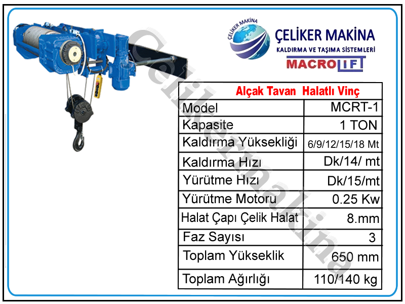 1 Ton Alçak Tavan Halatlı Vinç Teknik Özellikleri