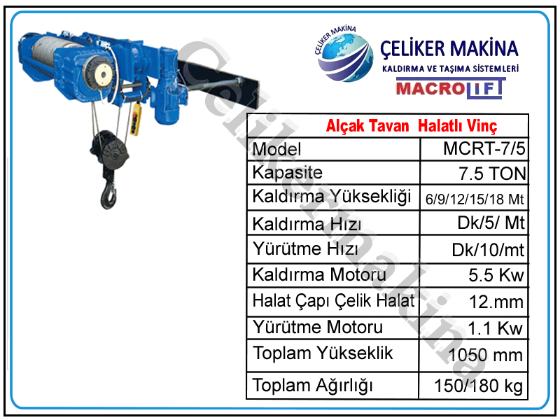 7,5 Ton Alçak Tavan Halatlı Vinç Teknik Özellikleri