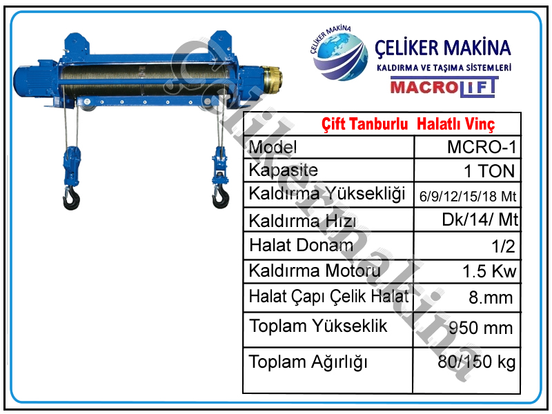 1 Ton Çift Tamburlu Halatlı Vinç Teknik Özellikleri