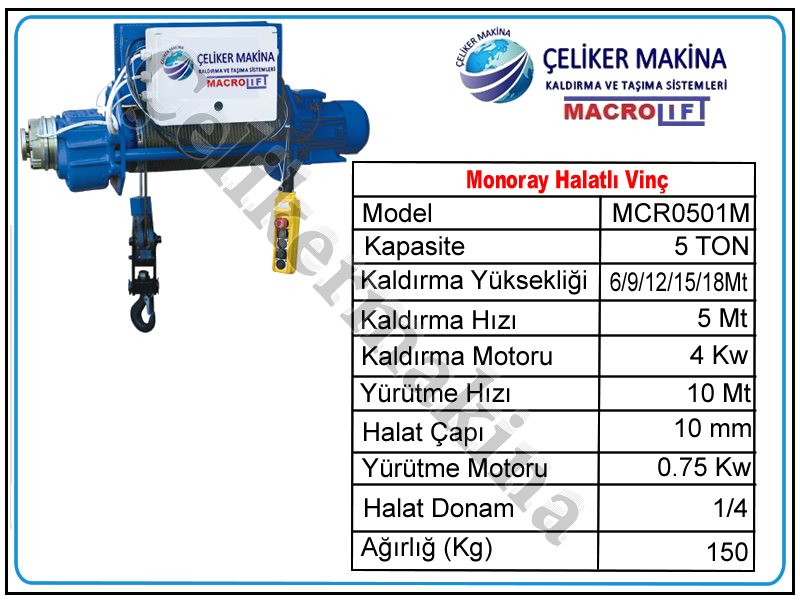 5 Ton Monoray Halatlı Vinç Teknik Özellikleri