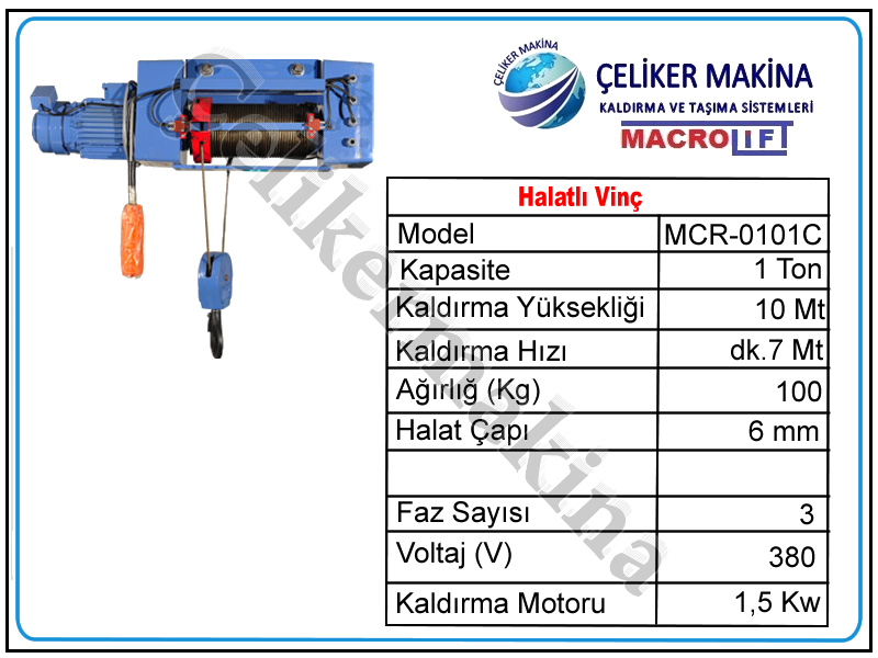 1 Ton Sabit Askılı Halatlı Vinç Teknik Özellikleri