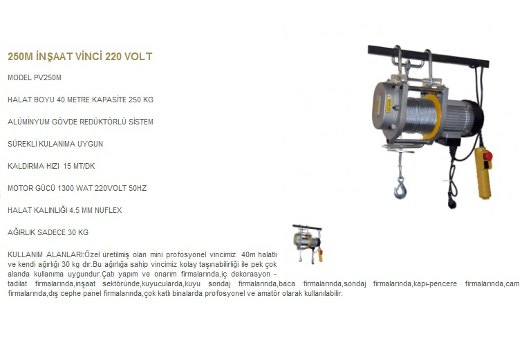 250 kg 60 mt Sabit Askılı Halatlı Vinç Teknik Özellikleri