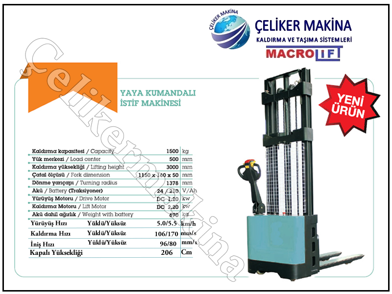 1,5 Ton Tam Akülü İstif Makinesi Teknik Özellikleri