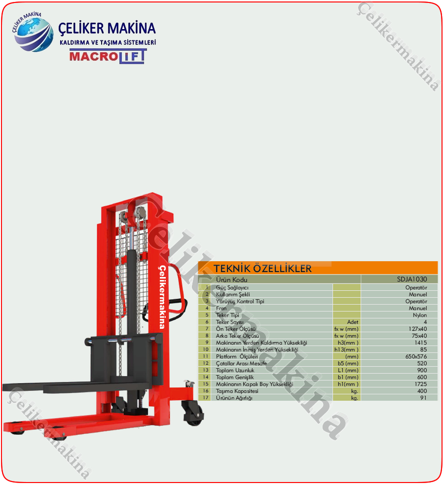 Manuel İstif Makinesi Teknik Özellikleri