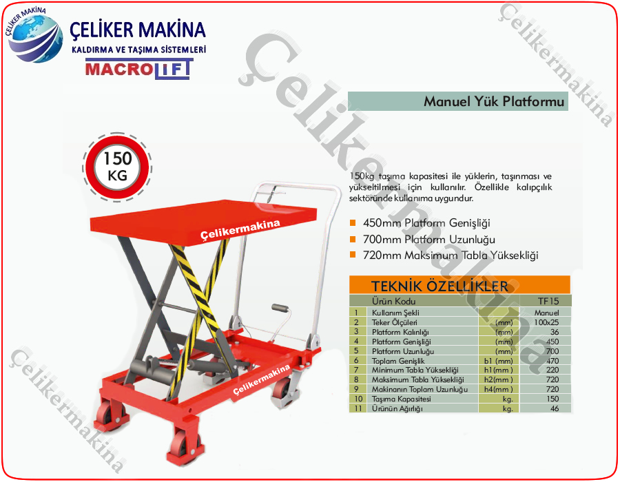150 kg Manuel Makaslı Platform Teknik Özellikleri