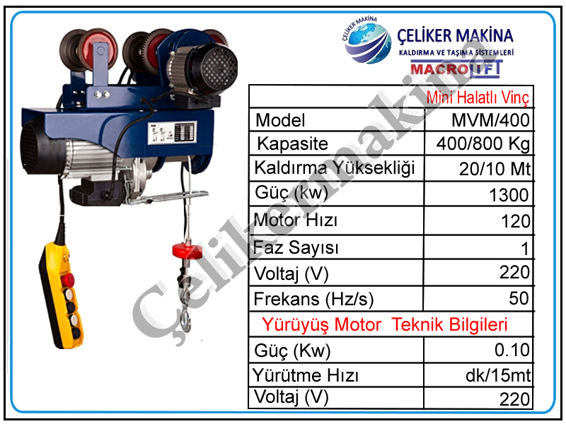 400/800 kg Mini Monoray Vinç Teknik Özellikleri