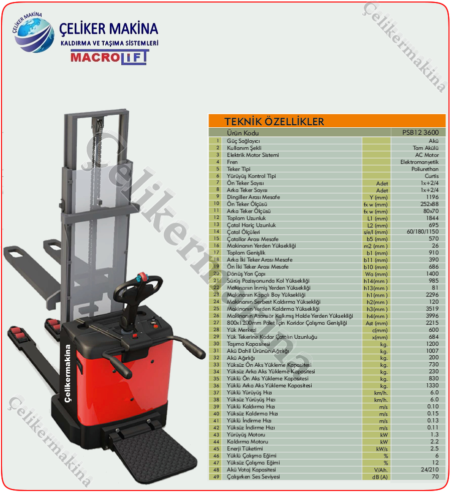 Tam Elektrikli İstif Makinesi Teknik Özellikleri