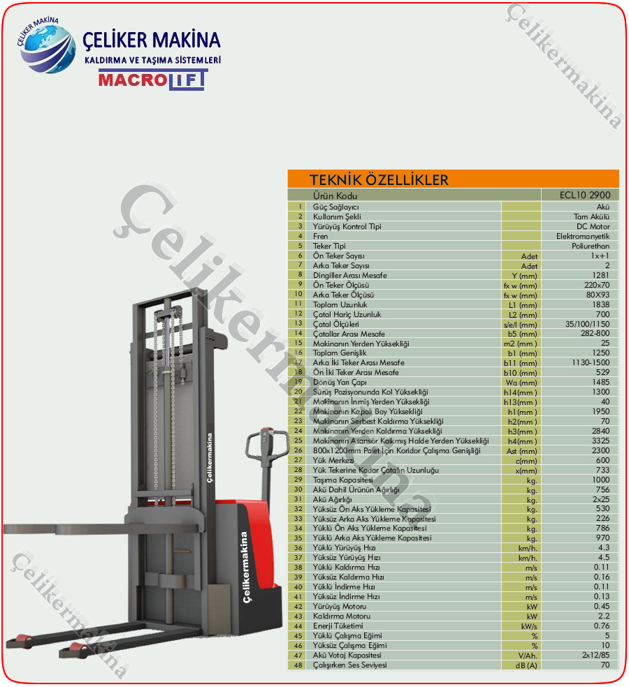 1 Ton Akülü İstif Makinesi Teknik Özellikleri