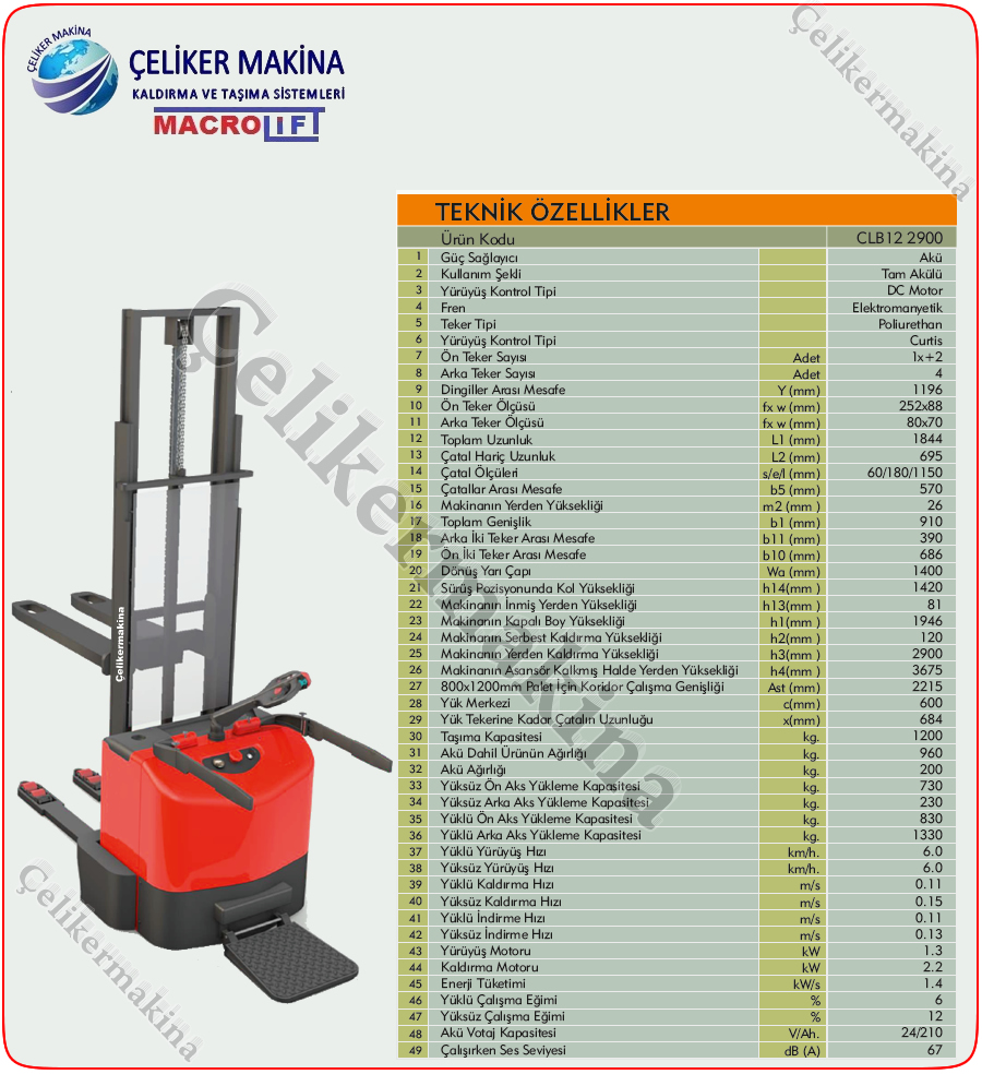 1,2 Ton Akülü İstif Makinesi Teknik Özellikleri