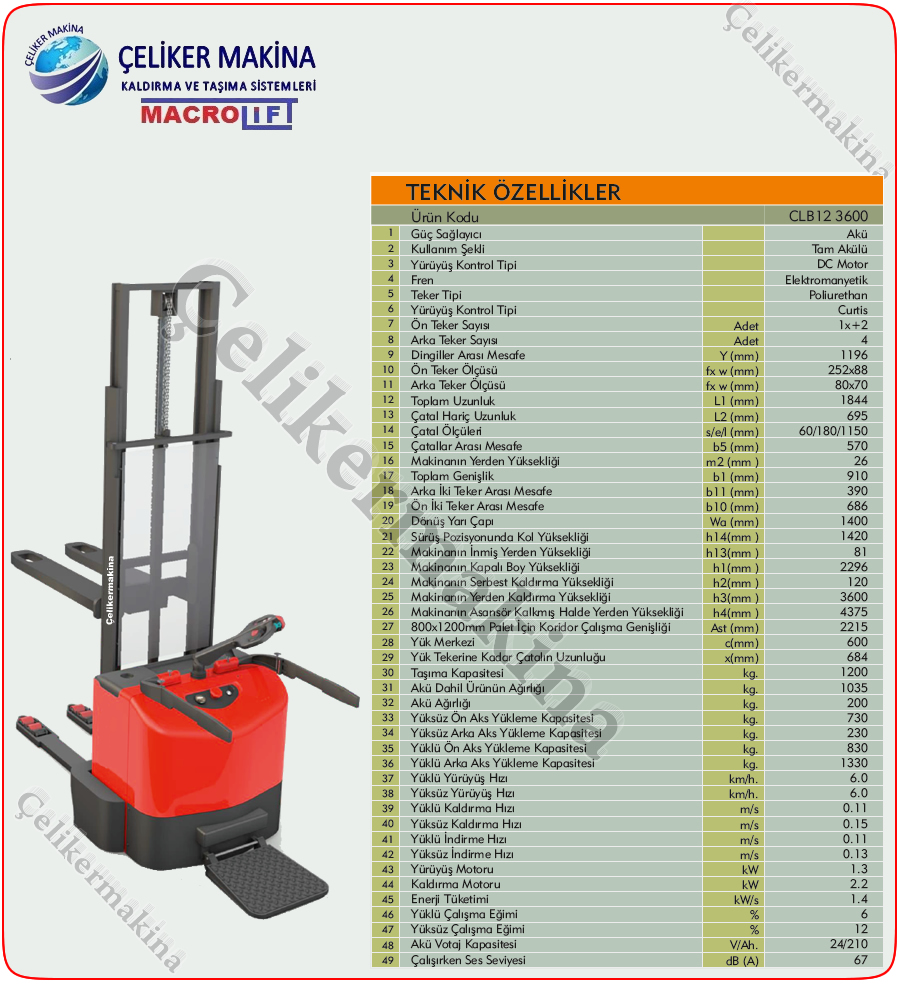 Elektrikli İstif Makinesi CLB1236 Teknik Özellikleri