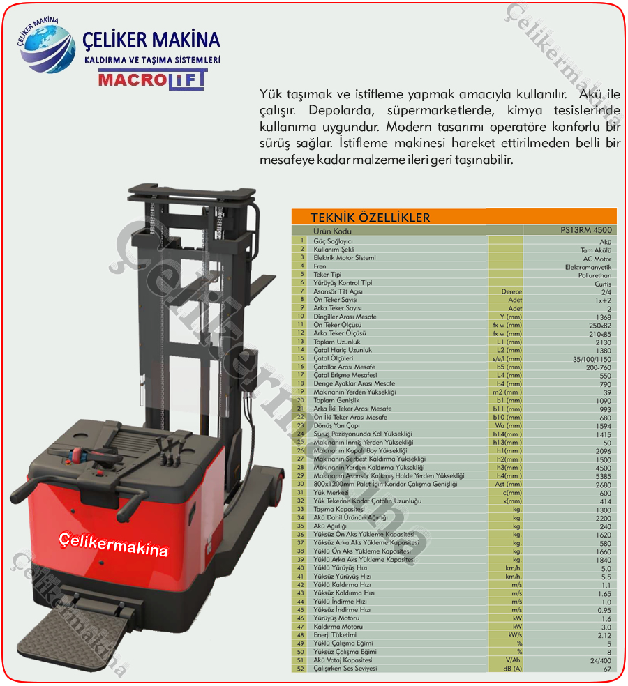 Denge Ayaksız Tam Akülü İstif Makinesi Teknik Özellikleri