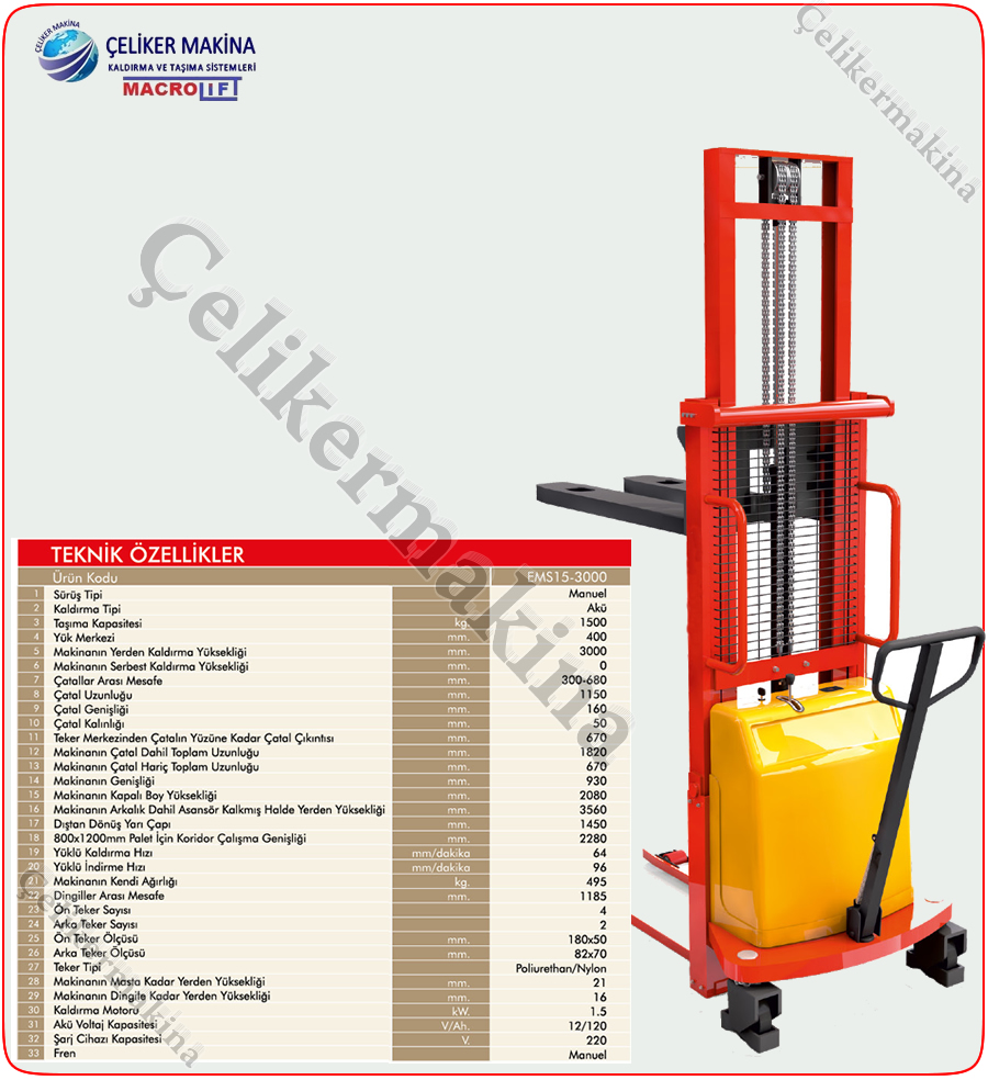 Yarı Elektrikli İstif Makinesi Teknik Özellikleri