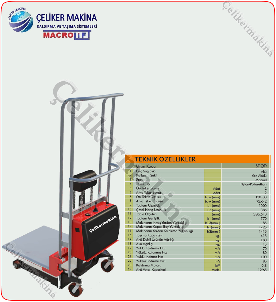 Mini Yarı Akülü İstif Makinesi Teknik Özellikleri