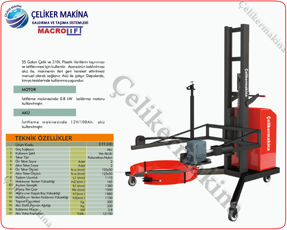 300 kg Yarı Akülü Varil Taşıma Teknik Özellikleri